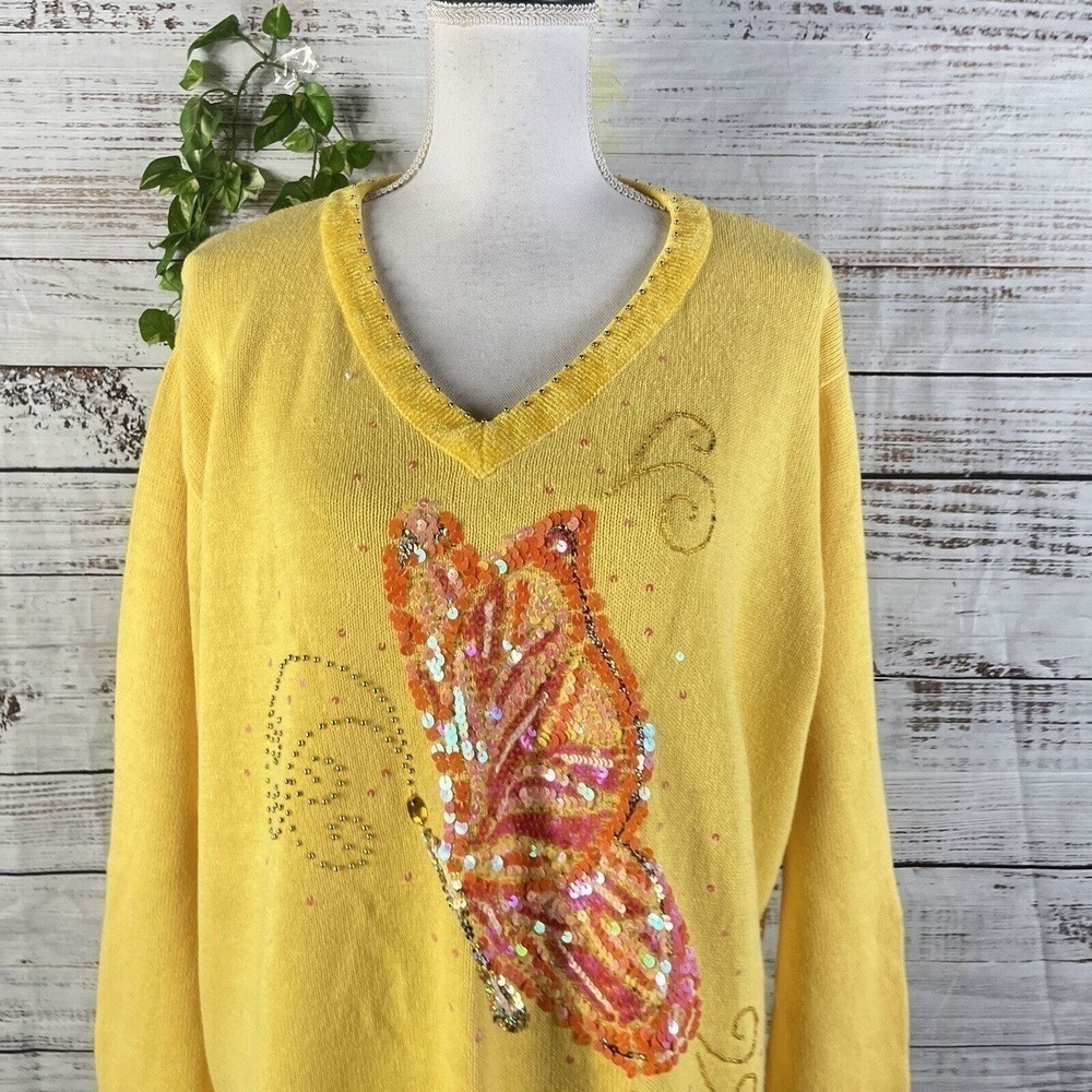 The Quacker Factory Sweater Plus size 1X Yellow Butterfly Sequins Beads Summer - Picture 4 of 15